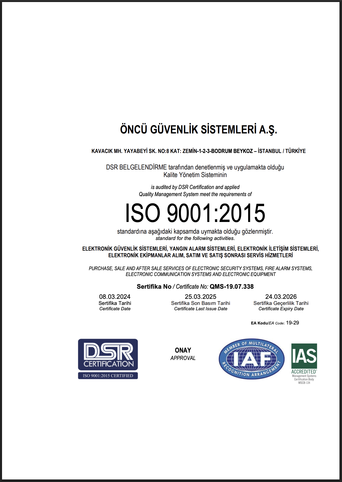 ISO 9001:2015 Kalite Belgesi